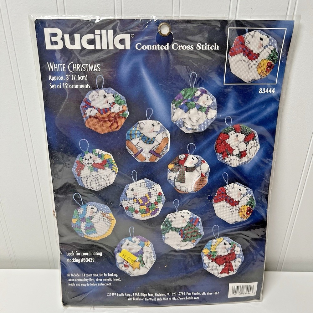 Bucilla White Christmas Set of 12 Polar Bear Ornaments Cross Stitch Kit 83444